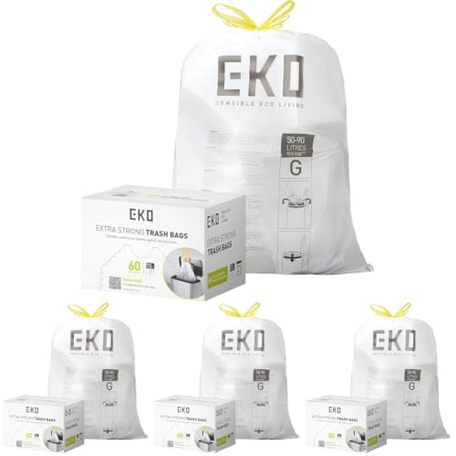 Image of EKO 21 Gallon / 50-90 Liter, Drawstring Trash Bags, Extra-Strong Unscented Garbage Bags, Easy-Dispense Roll for Kitchen & Household Use, Code G, White 60 Count (Pack of 4)