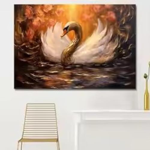 Décoration murale cygne blanc et affiche paysage rivière nature, tableau sur toile 70x90 cm