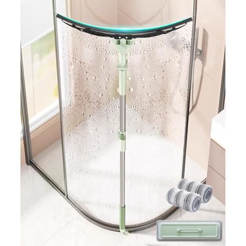 EXCLURA Rasqueta Limpiacristales Limpiador de Vidrio Curvo para Ducha con Barra Telescópica, Limpiador de Ventanas Profesional 2 en 1, Kit de Varilla de Extensión Larga