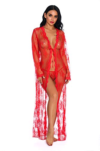 Sexy Long Lace Dress With Full Sleeves-Lingerie for Women-Kimono Robe-Sheer Gown-Red,XL
