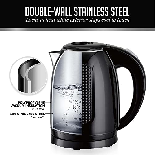 Ovente Portable Electric Kettle Stainless Steel Instant Hot Water Boiler Heater 1.7 Liter 1100W Double Wall Insulated Fast Boiling With Automatic Shut Off For Coffee Tea & Cold Drinks, Black Kd64B #TOP2