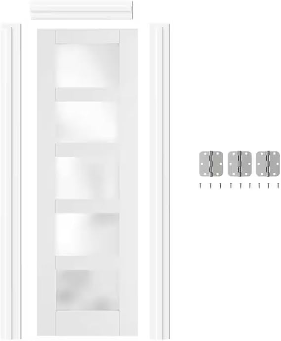 Prehung Door, 24 x 80, 5-Lite Frosted Glass, Prehung Interior Door, Left-Handed, White MDF with Door Jamb & Hardware Kit