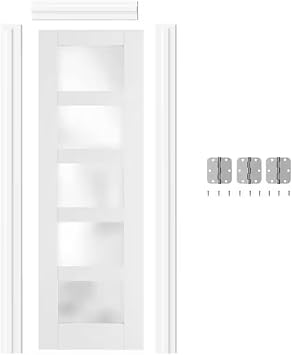 Prehung Door, 24 x 80, 5-Lite Frosted Glass, Prehung Interior Door, Left-Handed, White MDF with Door Jamb & Hardware Kit