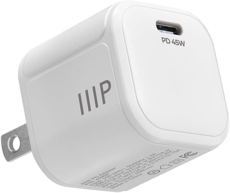 Monoprice 45W USB‑C Mini Cubic GaN Charger, PD 3.0, 100V ~ 240V, 50/60 Hz, 1.2A Max, Ultra Compact and Lightweight - White