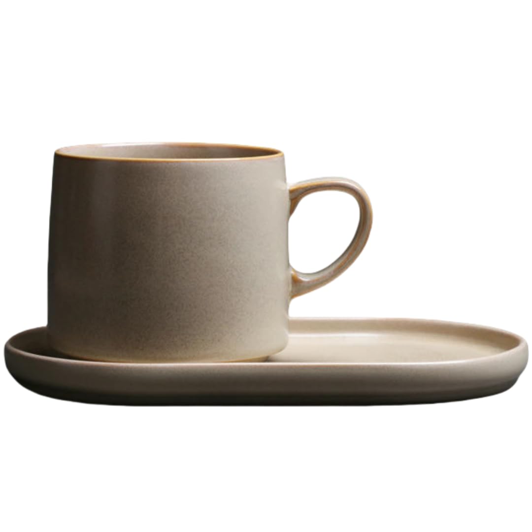 Clásico Mug Juego De Taza Y Platillo De Café De Cerámica Para Hombre Y Mujer Con Asa Esférica De Madera, Color Caqui, 440 Ml