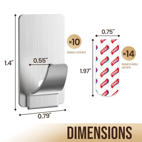 Image of TAILI Hooks for Hanging 10 Metal Sticky Hooks and 14 Adhesive Strips Silver