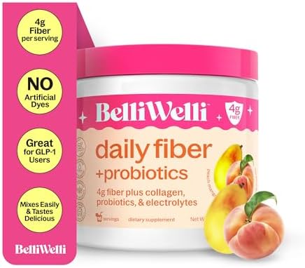 BelliWelli Fiber Supplement for Women & Men – Premium Daily Fiber Powder from Organic Acacia with Added Collagen, Electrolytes & Probiotics – No Bloat, Constipation & Gut Health Support (Peach Mango)