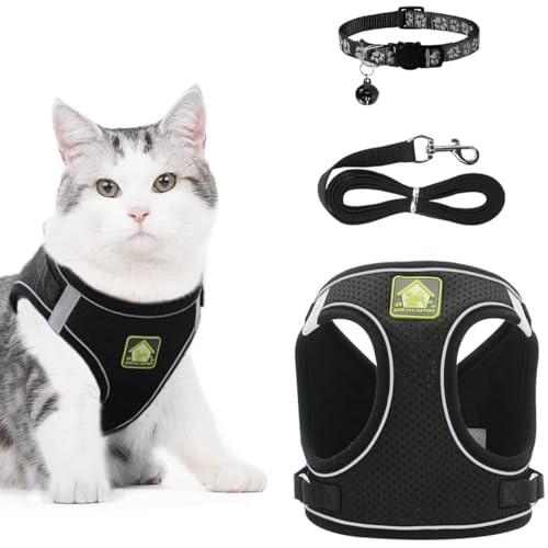 Cat Harness and Leash Set, Escape Proof Adjustable Kitten Vest Harness with Leash & Collar, Lightweight Reflective Pet Harness for Small and Medium Cats Outdoor Walking Travel, Black (M)