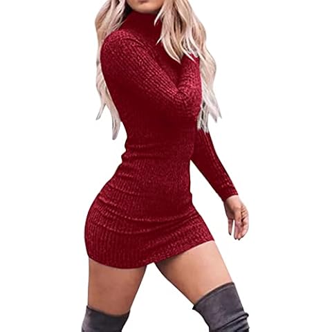 Strickkleider Damen Herbst Winter Elegante Freizeitkleider Pulloverkleid Rollkragen Langarm Basic Einfarbig Eng Kleid Partykleid Warme Bequemes Bodycon Minikleid Sweater Kleid(E Wein,S) Cover