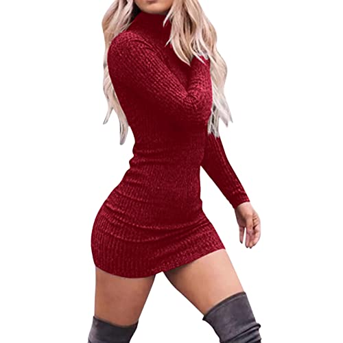 Generisch Vestido de invierno para mujer, de punto, minivestido para mujer, sexy, ajustado, corto, vestido tipo jersey cuello alto, manga larga, vestido de punto, bodycon de punto acanalado, vestido