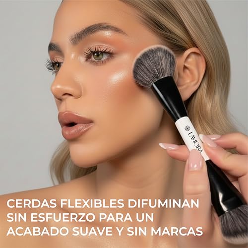 Lamora Bronceador Crema + Contorno Base Brocha Maquillaje Doble - Brocha Base Maquillaje Kabuki Duo para Crema o Liquido Colorete Iluminador Corrector - Vegano, Sin Crueldad & Cerdas Sintéticas - imagen 9