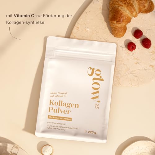 Glow25® Collagen Pulver [225g] – Unser Original – Kollagen Hydrolysat mit Vitamin C – Peptide Typ 1 und 3 – Gute Löslichkeit – Neutral