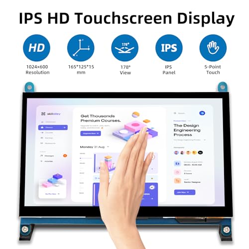 Image of 7 Inch LCD Touch Screen, 1024x600 IPS Display with Stand, HDMI Portable Monitor for Raspberry Pi 5 /4B /3B+ /3B /B+ /Zero /400, BB Black, Windows 10 8 7, Free Driver