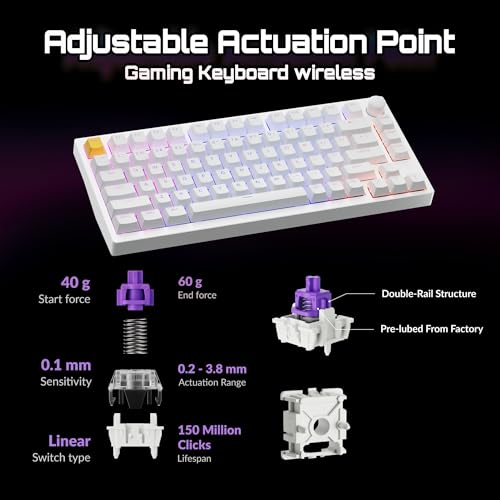 Image of LEMOKEY P1 HE 75% Wireless Custom Mechanical Gaming Keyboard with Gateron Double-Rail Magnetic Switches Knob Version, QMK 2.4 GHz Bluetooth 5.2 RGB Backlight Compatible with Mac Windows Linux-White