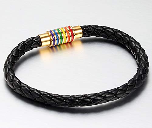 Nanafast Stainless Steel Rainbow Lgbt Pride Handmade Braided Lgbtq Pride Bracelet Leather Weave Plaited Waistband Jewelry Black Gold 7.48 Inches #TOP3