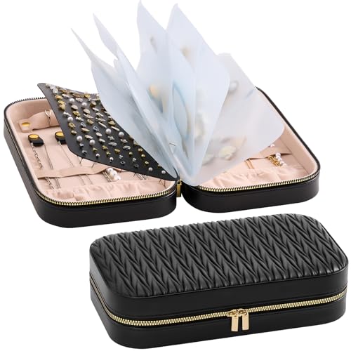 Lolalet Large Jewelry Organizer, Jewelry Storage Case with Pocket, Earrings Necklaces Bracelets Ring Zippered Storage Pouch for Women -Black