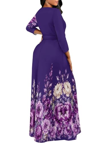 Image of Plus Size Maxi Dress for Women V Neck 3 /4 Sleeve Wrap Dress