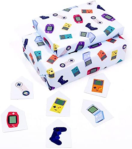 Birthday Wrapping Paper for Boys - For Men - Gamers - Blue Gift Wrap - 6 Sheets of Happy Birthday Wrapping Paper - For Kids - Sustainable - Eco Friendly - Comes with Stickers and Tags - By Central 23