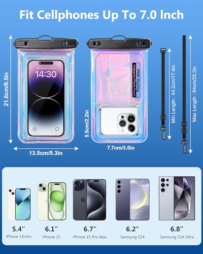 Image of Floating Waterproof Phone Pouch - Dazzling Purple, Up to 7.5 inch | Touchscreen, IP68 Waterproof Phone Case, Adjustable Lanyard, Fits All Phones - Kayak Beach Cruise Ship Travel Essentials