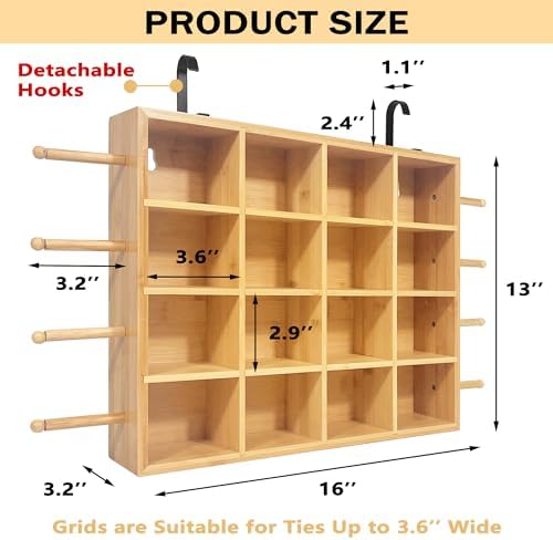 Montex Tie Box Wall Mounted for 16 Ties, Tie Organizer Bamboo for Wall, Tie Rack Tie Display for Shops and Home (Light Bamboo Color)