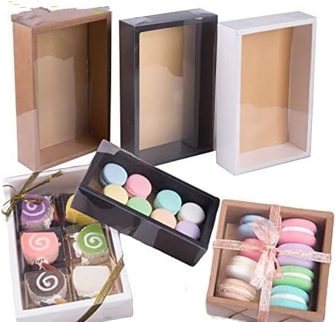10Pcs Kraft Gift Box Clear PVC Window Macaron Cookie Candy Cake Packaging Box with Transparent Lid Christmas Wedding Party Favor (White,20x10x5cm)