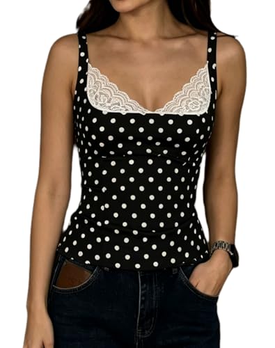 Image of Barbotimer Women Lace Trim Satin Cami Top Y2K Polka Dot Spaghetti Strap Backless Hook Back Corset Crop Tops Silk Going Out Tops(Lace Up Black,Small)