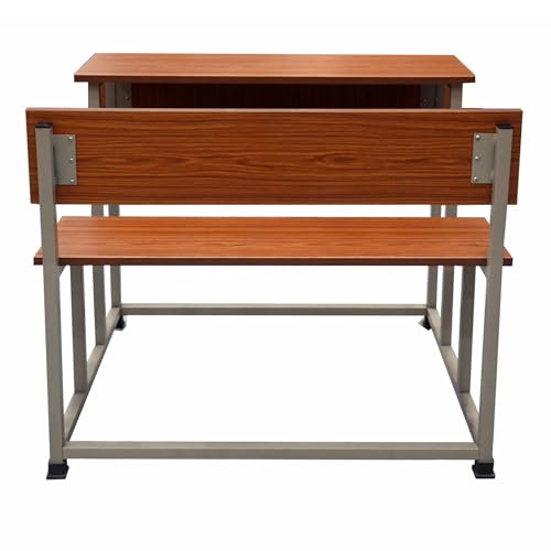 Image of ALKOSIGN Double Student Bench with Side Closed Shelf - Prelam Partical Board Natural Teak Top with Beige Powder Coating (90 CM) | for Classes 3rd to 7th | for School, Tuitions etc