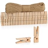 COM-FOUR® 120x Mini-Wäscheklammer und 50 m Juteseil, kleine Holz-Klammer als Dekoration für Bilder, Collagen, Postkarten, Fotos & Geschenke zum Glück (120 Stück - m. Juteband - Natur)