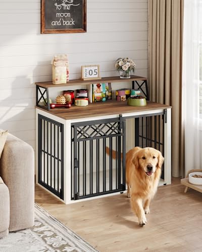 Hzuaneri-Hundekaefig-Moebel-mit-Lagerregal-Dreituerige-Hundebox-fuer-Zuhause-Indoor-Kennel-mit-Scheunentuer-Beistelltisch-Geeignet-fuer-MittlereGrosse-Hunde-100-x-60-x-86-cm-Weiss-Braun-DFC87414B - Sparfuchs24.io - Preisvergleich & Top Angebote Online