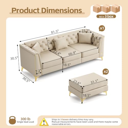 Image of KEIKI 82 inch Faux Leather Chesterfield Sofa with Handmade Button Tufted, Beige | Luxury Modern 3-Seater Couch with Metal Trim Armrests & High Resilience Cushion & 2 Ottoman & 3 Pillow, for Living Room