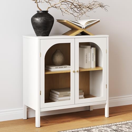 Nathan James Mason Storage Accent Cabinet Sideboard Buffet, Credenza with Glass Doors and Adjustable Shelf for Dining Room, Entryway and Living Room, Clear Glass/White/Light Oak
