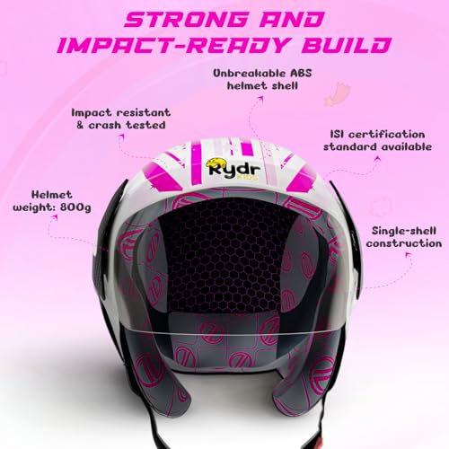 Image of RydrKids URA Star Nova Pink Kids Riding Helmet with Visor Shield & Carry Bag | Size S for Girls Up to 13 Years | Lightweight Adjustable ISI Certified Protective Gear