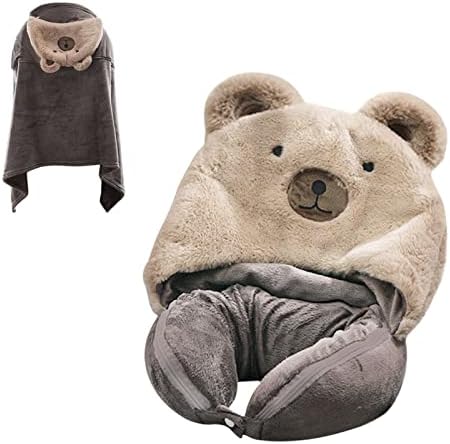 BSROLUNA Travel Pillow Blanket Neck 2 in 1 Pillows Airplane for Long Flight Fleece Soft Large Essentials for Car with Hat Keep Warm Foldable Multifunction Sleeping Head Pillow(Rabbit) (Brown)
