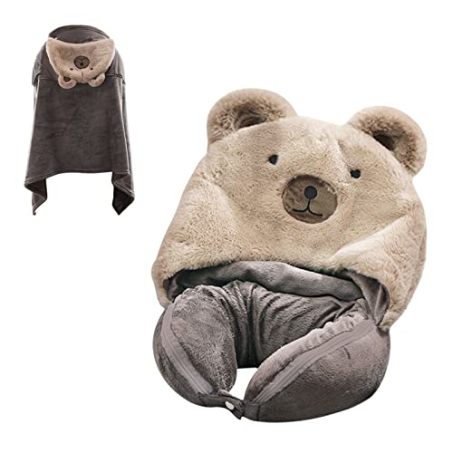 Bsroluna Travel Pillow Blanket Neck 2 In 1 Pillows Airplane For Long Flight Fleece Soft Large Essentials For Car With Hat Keep Warm Foldable Multifunction Sleeping Head Pillow(Rabbit) (Brown) #TOP3