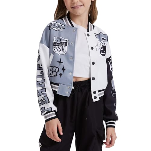 Image of Teen Girls Crop Varsity Jacket Bomber Jacket Style Casual Fit Baseball Sport Y2K Streetwear Short Cardigan Sweatshirt