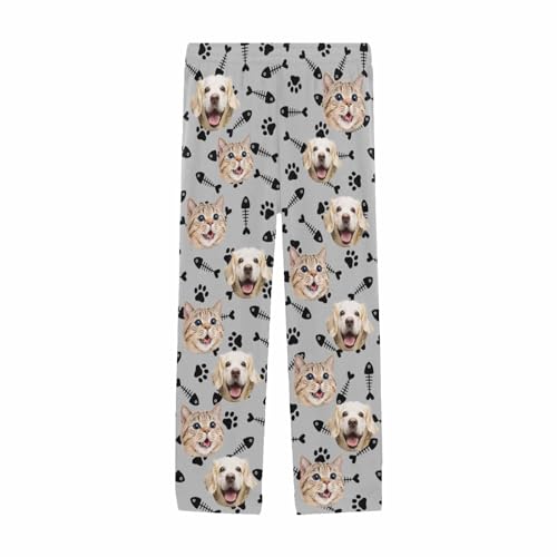 Personalized Dog Cat Photo Face Pajama Pants for Men Custom Dog Paws Fish Bones Pajama Sleepwear Bottoms with Pockets3