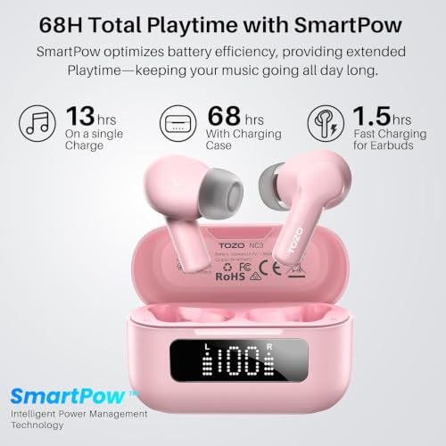 Image of TOZO Hybrid Active Noise Cancelling Wireless Earbuds 6 Mics AI Clear Call | 68H Playtime LED Display 32 Preset EQs App Bluetooth 5.3 IPX8 Waterproof Ear Buds