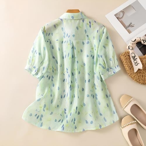 Image of Gufrina Women's Sea Green Leaf Printed Western Shirt with Button Down Front, Puff Sleeves and Relaxed Fit Design