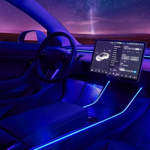 Nestour Interior Car Neon Lights Fit for Tesla Model 3 Y 2016-2020 (Center Console+Dashboard+2 Foot Lights) with Matching Armrest Organizer Tesla Ambient Lights APP-Controlled RGB LED Strip Lights