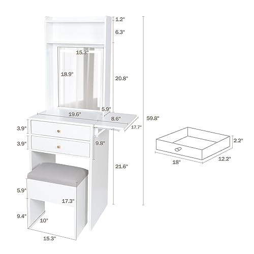 ARTETHYS Small Vanity Desk Set with 3 Adjustable Lighted Mirror and Storage Chair, Makeup Vanity Table for Small Space, White Dressing Table with Fold-up Panel for Bedroom - Thumbnail 2