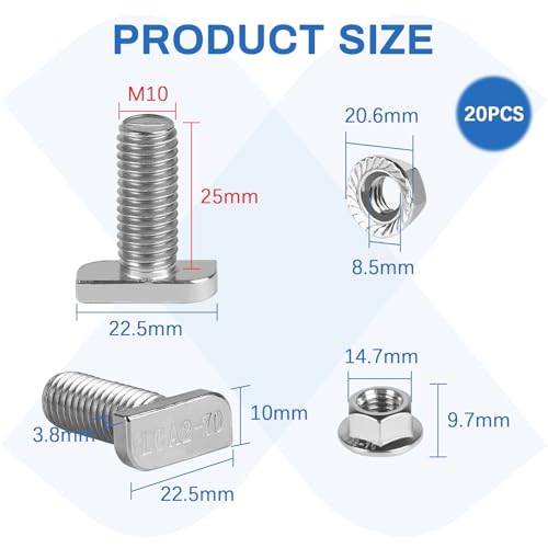 EXLECO 20 x Hammer Head Screws M10 x 25 mm Stainless Steel Hammer Head Screws T Nut Bolts with Plastic Box Stainless Steel Screw Attachment with Flange Nuts for T Nut Rail Greenhouse Profile Rails - Image 2