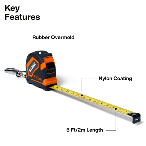 Image of Klein Tools 9362 6-Foot Keychain Tape Measure with Carabiner, SAE and Metric Markings, Small Pocket Tape with Nylon Coated Blade