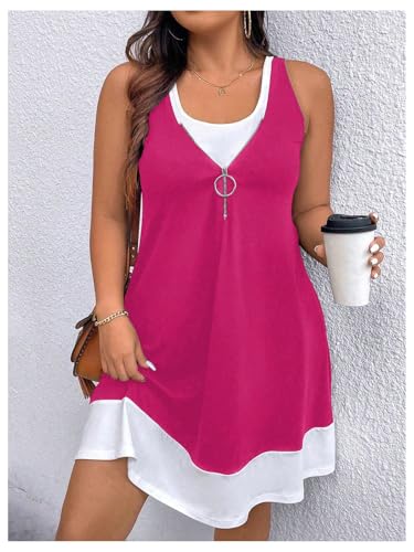 Image of Verdusa Women's Plus Size Summer Dress Color Block Quarter Zip Tank Dress Sleeveless Short Dresses