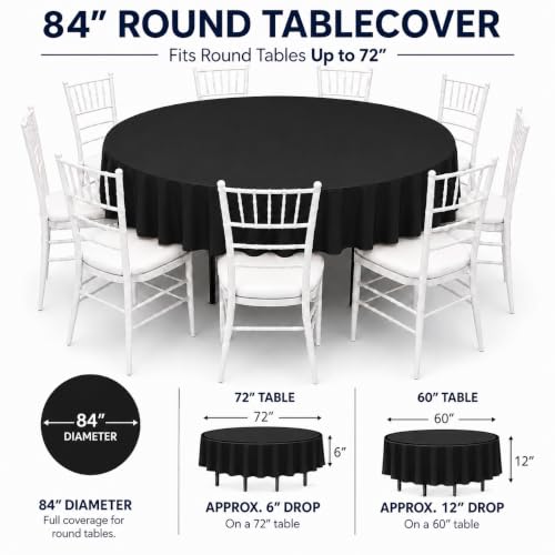 Image of Party Dimensions Black Disposable Plastic Tablecloth, Round, 84 inch, 12 Pack