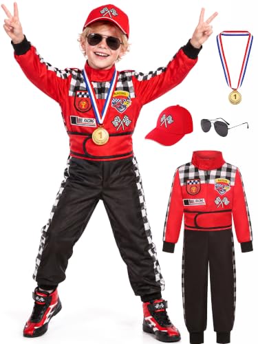 Bordazor Kids Race Car Driver Costume Boys Racer Jumpsuit With Car Cap Halloween (9-10 Years)