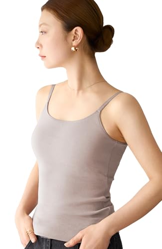 [バンビウォーター] ブラトップ キャミソール カップ付き [特許取得] レディース ブラキャミ リブ 盛れる 綿 バックオープン トップス (L,グレージュ)