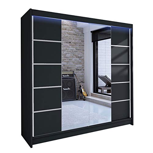 Mirjan24 Kleiderschrank Talin V – Schiebetüren Mit Spiegel & RGB-LED, 180x215x58 Cm, Kleiderstange + Böden, Moderner Dielenschrank (Schwarz/Schwarz)