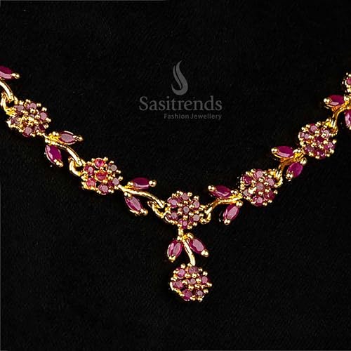 Image of Sasitrends Micro Gold Plated American Diamond Ruby stone Studded Necklace Jewellery Set