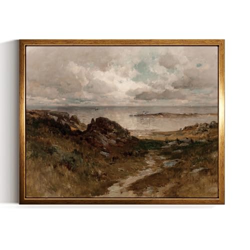 InSimSea Golden Framed Vintage Canvas Wall Art A Bit of Massachusetts Coast Coastal Beach and Clouds Seascape 8x10 inch, Moody Rustic Seacoast Landscape Beach Print, Farmhouse Home Wall Decor