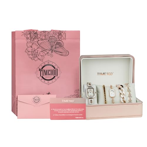 TIME100 Women's Rectangle Watch and Bracelet Set, Women's Bracelet Watch Set, White and Rose Gold — view 5
